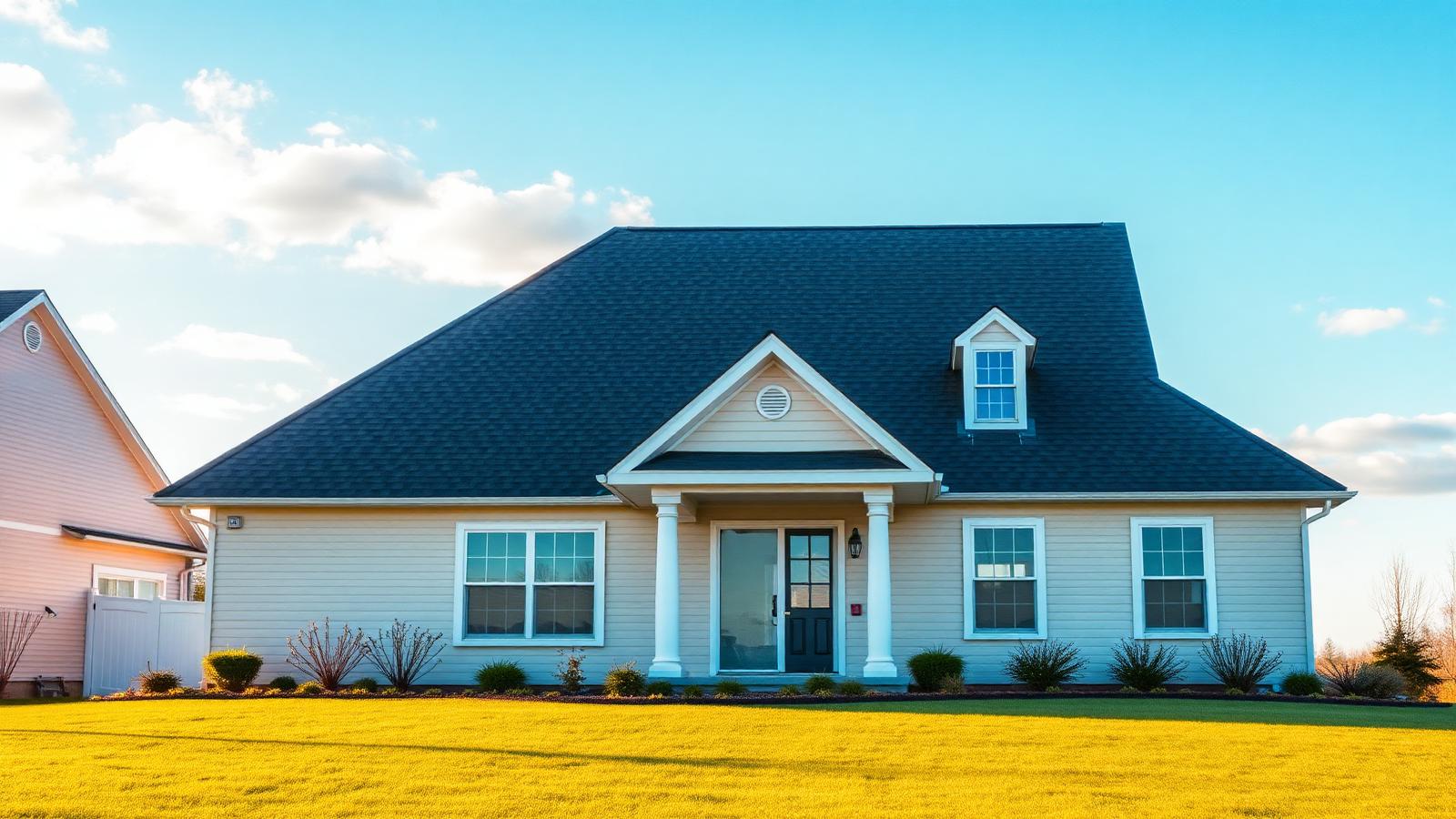 Suburban American home with a newly finished roof at golden hour