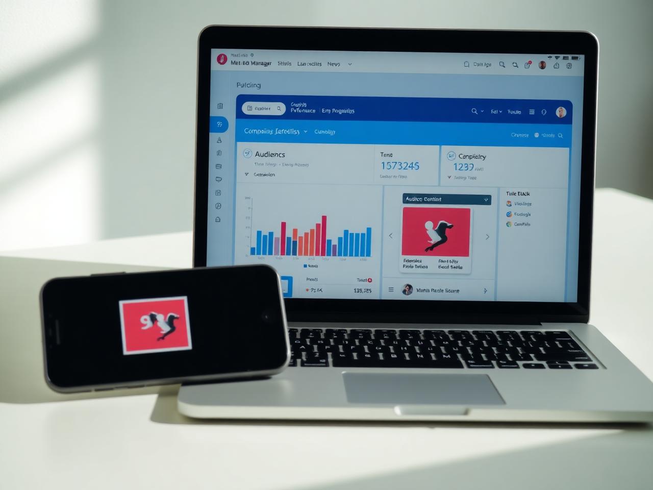 Laptop showing a Meta Ads Manager campaign dashboard next to a smartphone displaying a social ad