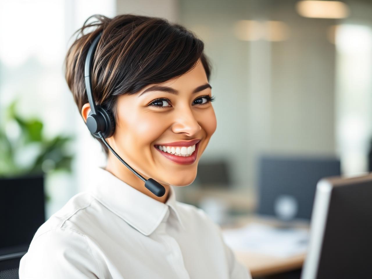 Smiling US-based customer service agent wearing a headset during a friendly phone consultation